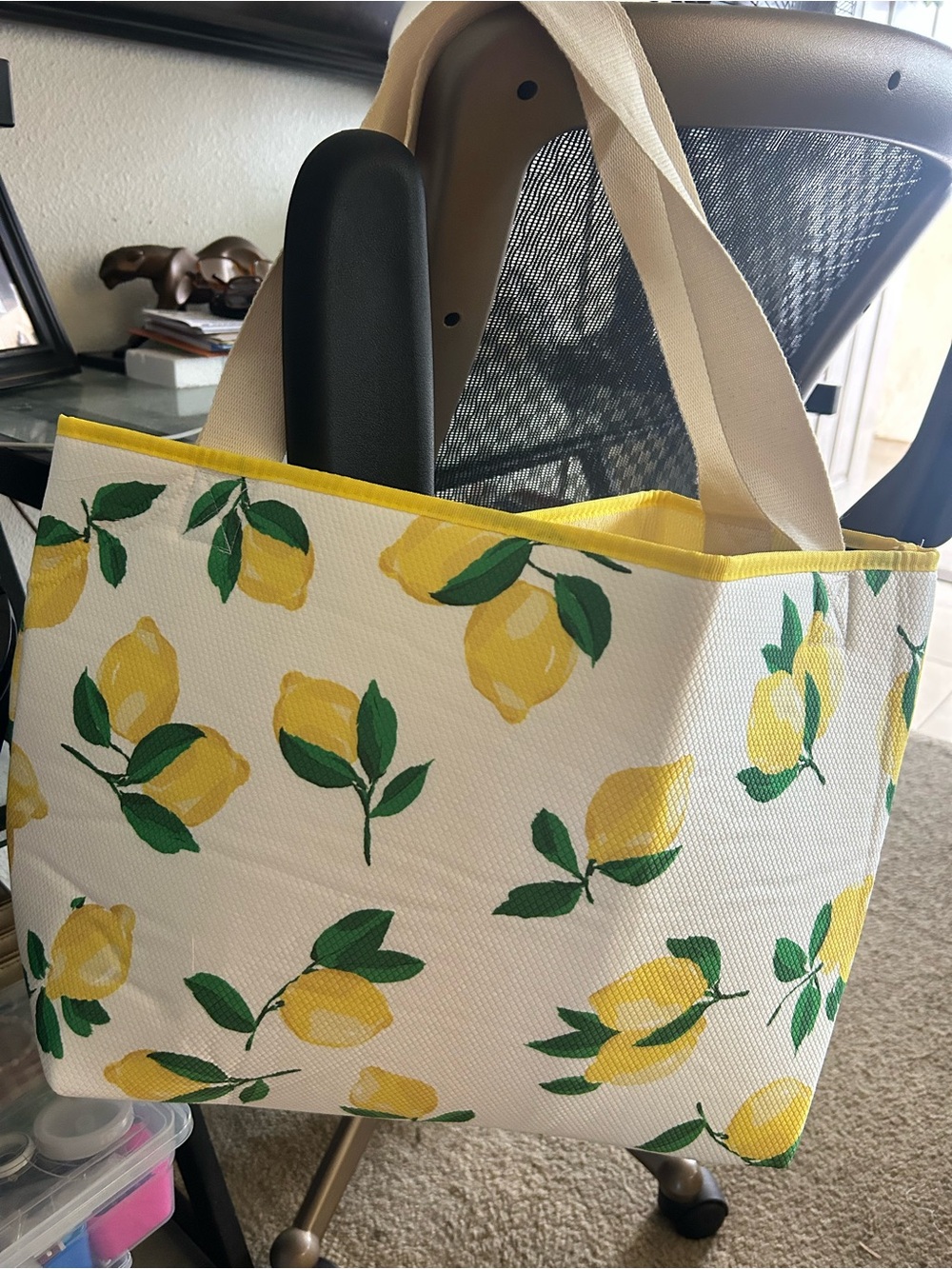 Extra large Canvas Lemon Print Tote Bag in Yellow and Cream